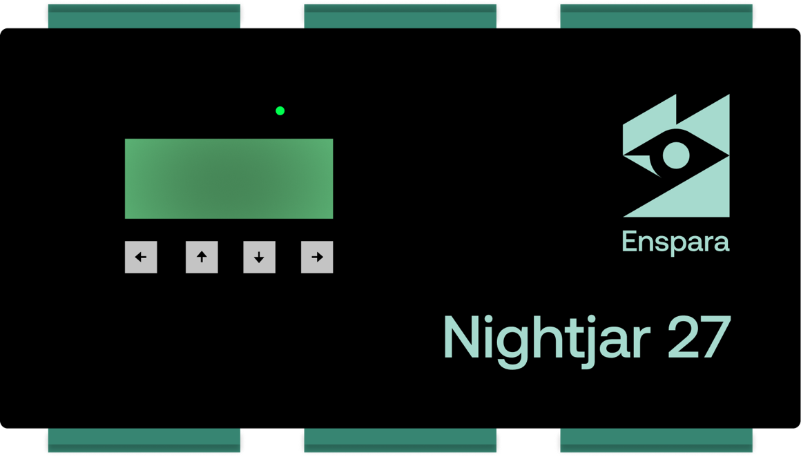 Enspara Nightjar 27 smart meter: a DIN-rail module with an LCD display, navigation buttons and terminal blocks